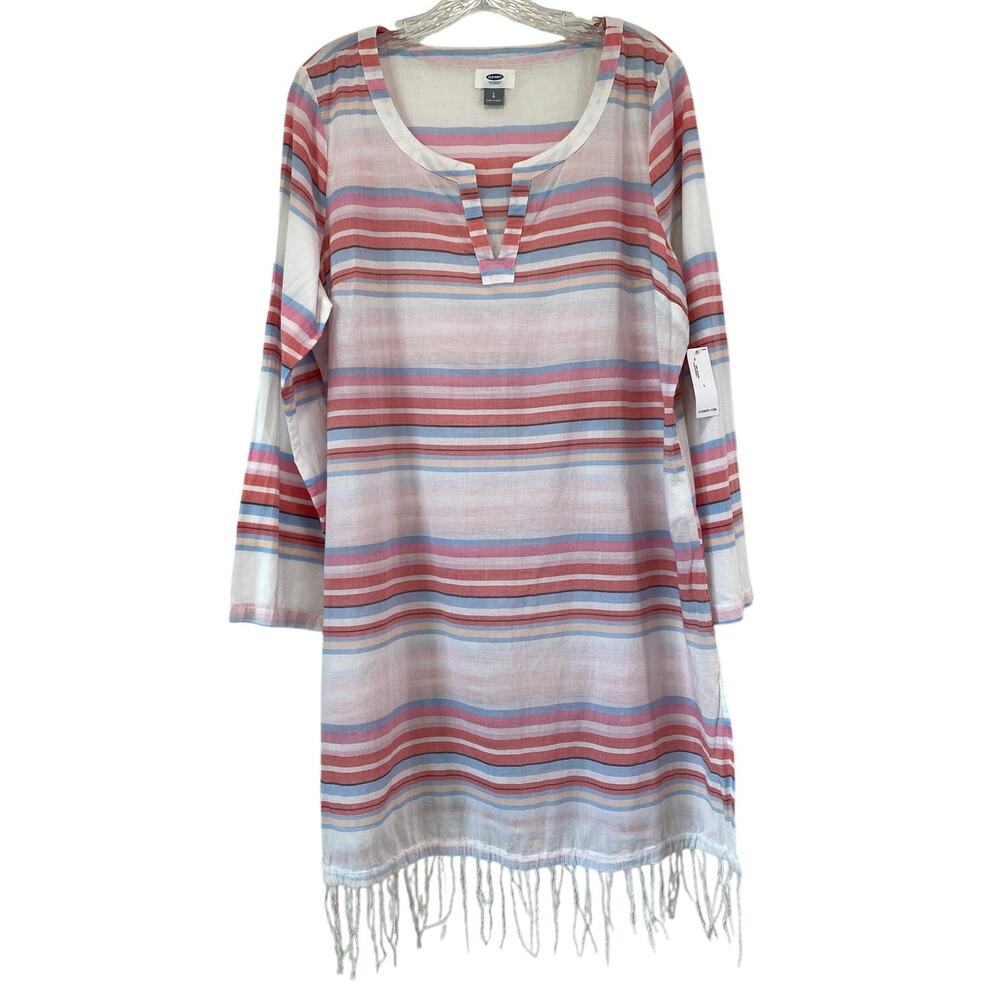 Old Navy Striped Fringe Cotton Shirt‎ Tunic Cover Up Kimono Size L Resort Beachy